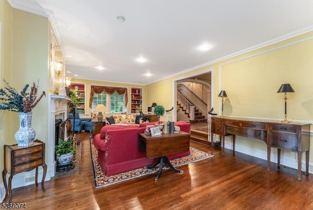 701 Hillcrest Blvd, Phillipsburg Town, NJ 08865 - living room with ornamental molding, wood finished floors, a fireplace with raised hearth, stairway, and recessed lighting