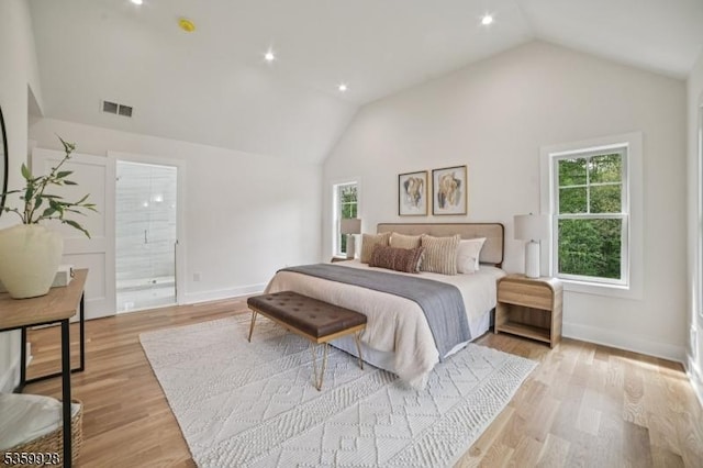 151 Center Ave, Chatham Boro, NJ 07928 - bedroom featuring vaulted ceiling, multiple windows, light wood-style floors, ensuite bathroom, and recessed lighting