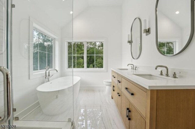 151 Center Ave, Chatham Boro, NJ 07928 - full bathroom with marble tiled floors, vaulted ceiling, double vanity, a soaking tub, and a shower with door
