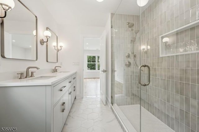 151 Center Ave, Chatham Boro, NJ 07928 - full bathroom with a stall shower, double vanity, tile patterned flooring, and recessed lighting