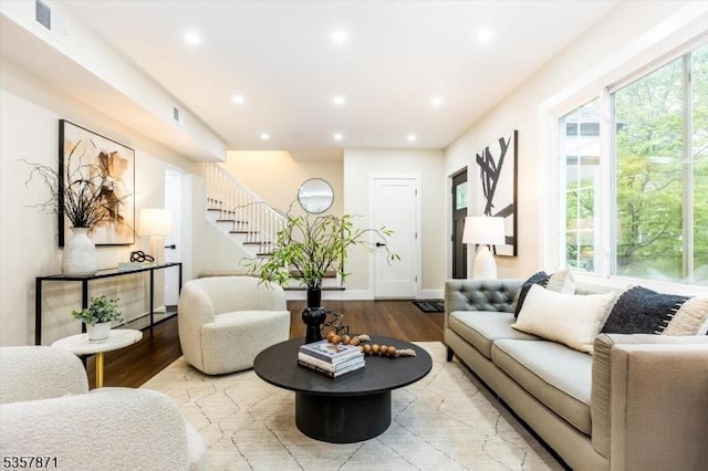 121 S Kingman Rd, South Orange Village Twp, NJ 07079 - living area featuring light wood-style floors, stairway, and recessed lighting