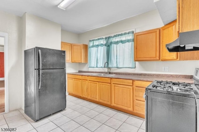 1432 Munn Ave, Hillside Twp, NJ 07205 - kitchen with black appliances, under cabinet range hood, light brown cabinets, and light tile patterned floors