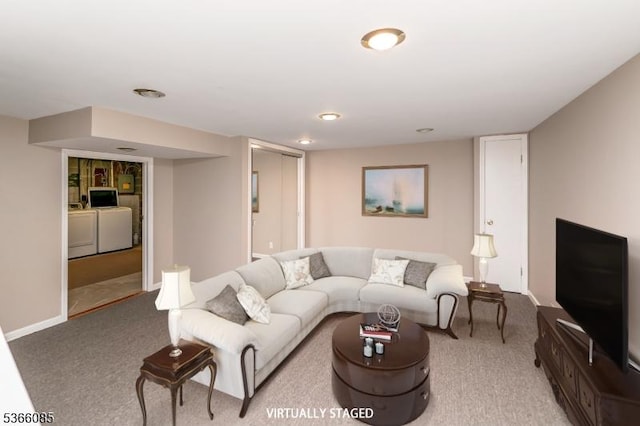 167 Riva Dr, Mansfield Twp, NJ 07840 - living room featuring washing machine and dryer and light colored carpet