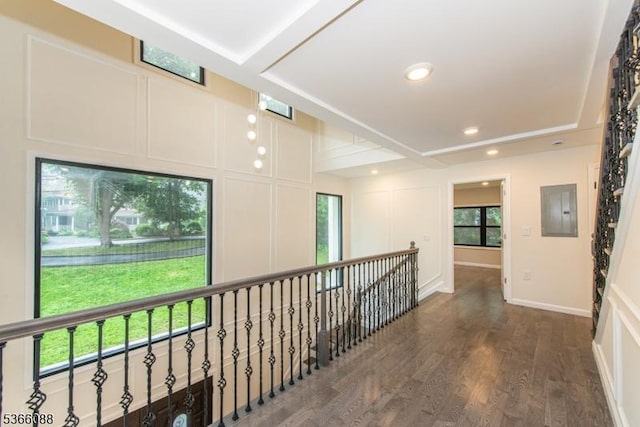 24 Hillcrest Rd, Mountain Lakes Boro, NJ 07046 - corridor with electric panel, a decorative wall, healthy amount of natural light, recessed lighting, and dark wood finished floors