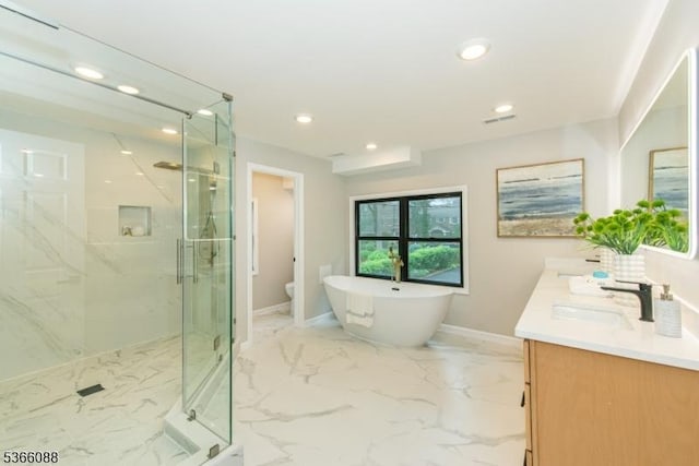 24 Hillcrest Rd, Mountain Lakes Boro, NJ 07046 - full bath featuring double vanity, a marble finish shower, recessed lighting, a soaking tub, and marble finish flooring