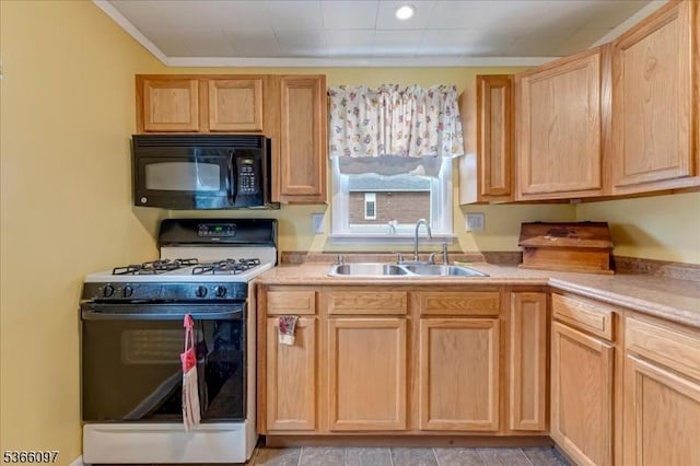 159 Aurora St, Lopatcong Twp, NJ 08865 - kitchen with range with gas cooktop, black microwave, light brown cabinetry, and light countertops