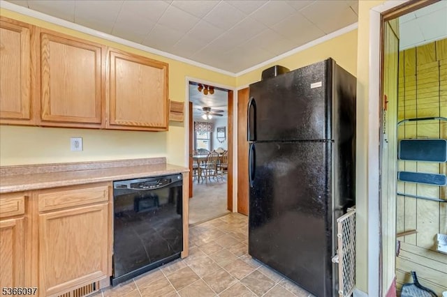 159 Aurora St, Lopatcong Twp, NJ 08865 - kitchen featuring black appliances, ornamental molding, light countertops, light brown cabinets, and ceiling fan