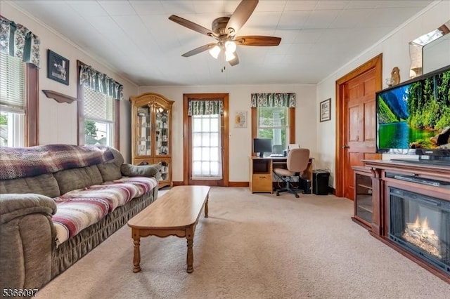 159 Aurora St, Lopatcong Twp, NJ 08865 - living area featuring an office area, light colored carpet, ceiling fan, crown molding, and a glass covered fireplace
