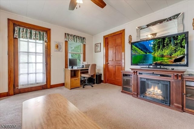 159 Aurora St, Lopatcong Twp, NJ 08865 - carpeted office featuring crown molding, ceiling fan, and a glass covered fireplace