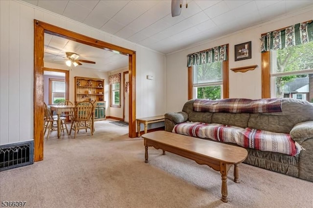 159 Aurora St, Lopatcong Twp, NJ 08865 - living room featuring ceiling fan, crown molding, and carpet flooring