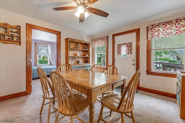 159 Aurora St, Lopatcong Twp, NJ 08865 - dining space featuring light colored carpet, a ceiling fan, and ornamental molding