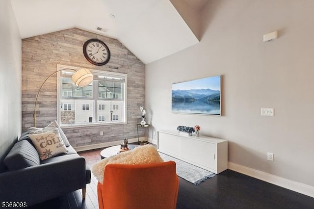 28 Elston Ct Unit 28, Wanaque Boro, NJ 07420 - living area featuring lofted ceiling, wood finished floors, and wood walls