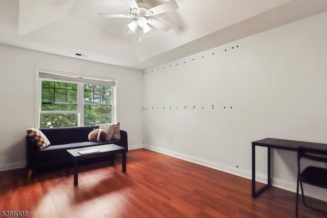 28 Elston Ct Unit 28, Wanaque Boro, NJ 07420 - living area featuring a tray ceiling, wood finished floors, and a ceiling fan