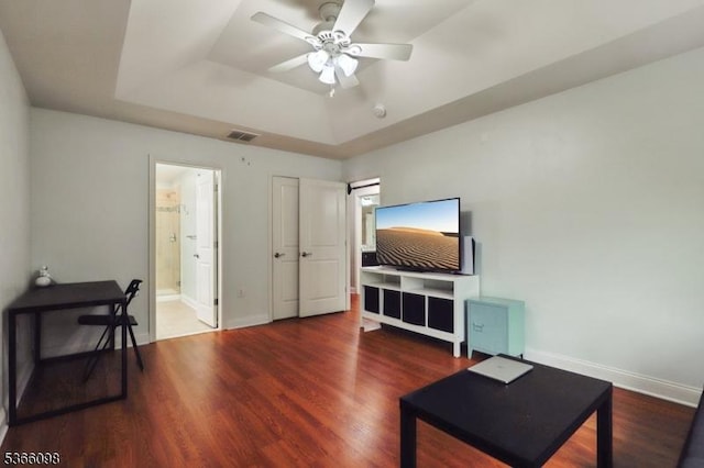 28 Elston Ct Unit 28, Wanaque Boro, NJ 07420 - living area with a raised ceiling, wood finished floors, and a ceiling fan