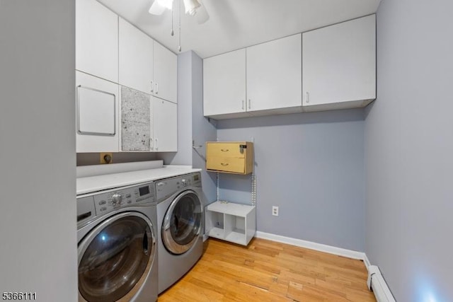 1 Lee Hill Rd, Byram Twp, NJ 07821 - laundry area featuring cabinet space, independent washer and dryer, light wood-style flooring, ceiling fan, and baseboard heating