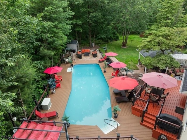 19 Elm St, Wanaque Boro, NJ 07420 - view of pool with a wooden deck and outdoor dining space