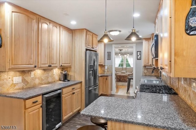 19 Elm St, Wanaque Boro, NJ 07420 - kitchen with appliances with stainless steel finishes, beverage cooler, dark stone countertops, decorative backsplash, and recessed lighting