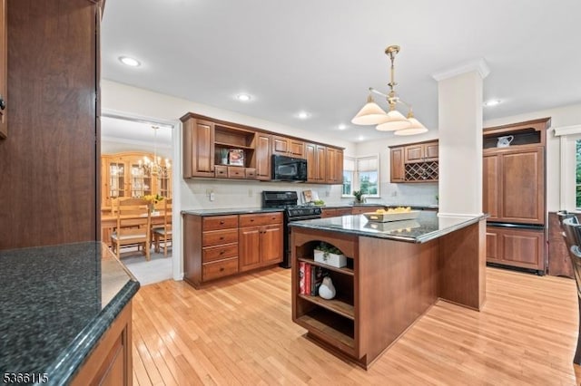 10 Cedarview Ct, Hillsborough Twp, NJ 08844 - kitchen with open shelves, black appliances, light wood-style flooring, pendant lighting, and a center island