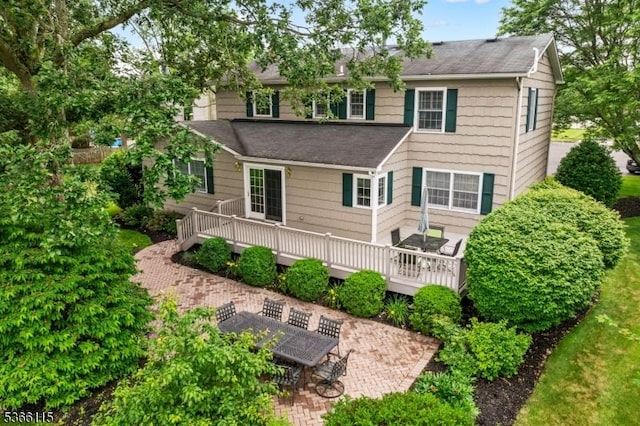 10 Cedarview Ct, Hillsborough Twp, NJ 08844 - back of property with a patio, a deck, and a shingled roof