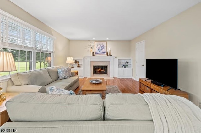 10 Cedarview Ct, Hillsborough Twp, NJ 08844 - living area featuring wood finished floors, a fireplace with flush hearth, and recessed lighting