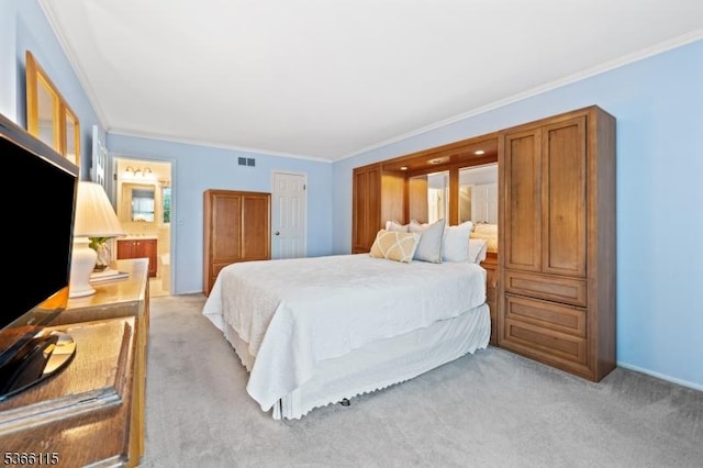 10 Cedarview Ct, Hillsborough Twp, NJ 08844 - bedroom featuring ornamental molding, light colored carpet, and connected bathroom