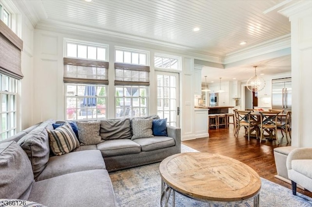 109 Chatham St, Chatham Boro, NJ 07928 - living area featuring crown molding, dark wood-style floors, a chandelier, and recessed lighting