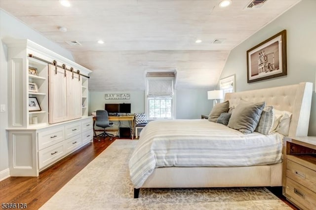 109 Chatham St, Chatham Boro, NJ 07928 - bedroom featuring dark wood-style floors, built in desk, vaulted ceiling, and recessed lighting
