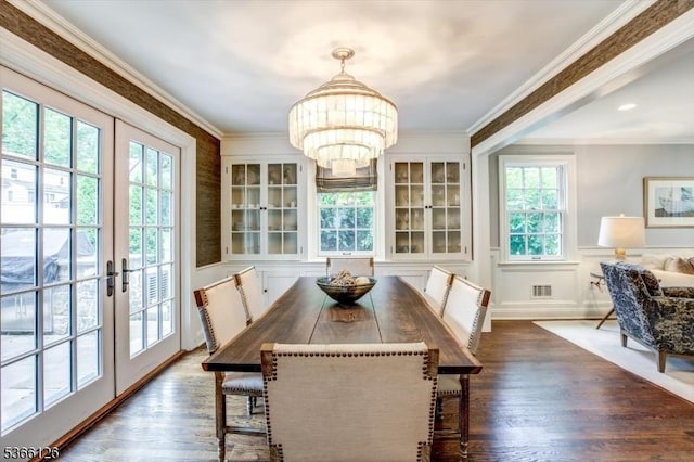 109 Chatham St, Chatham Boro, NJ 07928 - dining room featuring a chandelier, french doors, wood finished floors, and ornamental molding