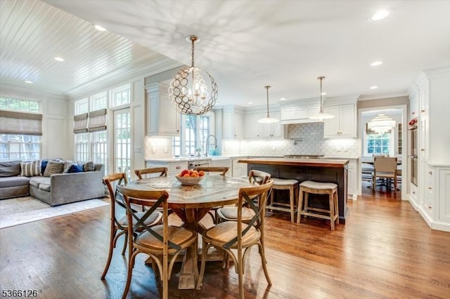 109 Chatham St, Chatham Boro, NJ 07928 - dining space with ornamental molding, plenty of natural light, wood finished floors, and recessed lighting
