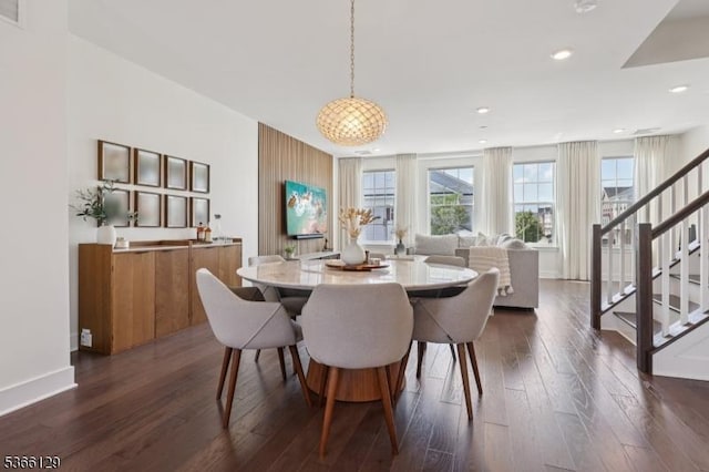 12 Colgate Dr, Morris Twp, NJ 07960 - dining area with plenty of natural light, stairway, dark wood-style flooring, and recessed lighting