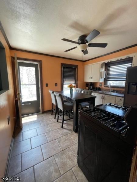 136 N 21st St, Kenilworth Boro, NJ 07033 - kitchen with gas stove, a ceiling fan, white cabinetry, dark countertops, and ornamental molding