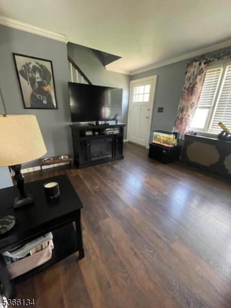 136 N 21st St, Kenilworth Boro, NJ 07033 - living room with ornamental molding, dark wood-style flooring, and a fireplace