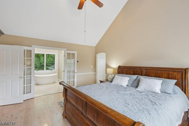 4 Knollwood Ln, Hardyston Twp, NJ 07460 - bedroom with light wood-type flooring, high vaulted ceiling, french doors, and a ceiling fan