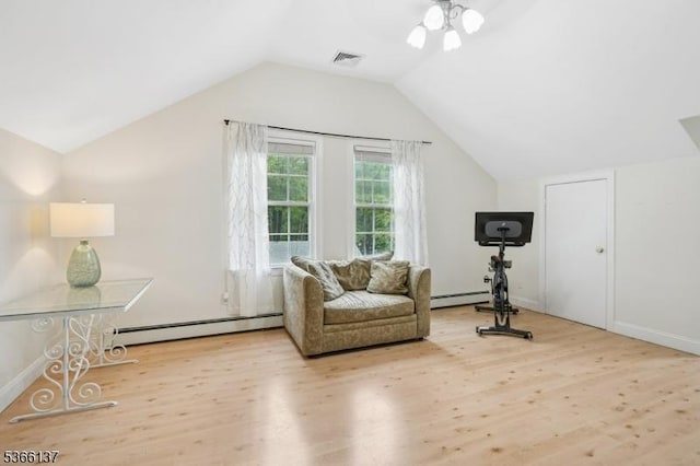 4 Knollwood Ln, Hardyston Twp, NJ 07460 - sitting room with a baseboard heating unit, wood finished floors, vaulted ceiling, and a ceiling fan