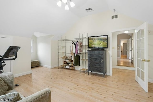 4 Knollwood Ln, Hardyston Twp, NJ 07460 - workout area with french doors, light wood-type flooring, lofted ceiling, arched walkways, and a ceiling fan
