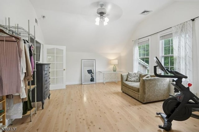 4 Knollwood Ln, Hardyston Twp, NJ 07460 - sitting room with lofted ceiling, french doors, a ceiling fan, and wood finished floors
