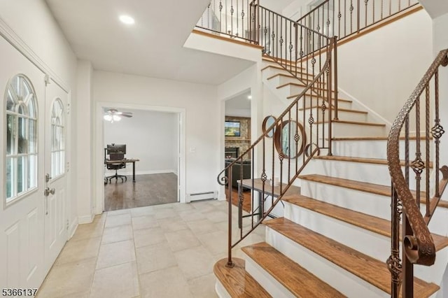 4 Knollwood Ln, Hardyston Twp, NJ 07460 - foyer featuring stairs, baseboard heating, ceiling fan, and recessed lighting