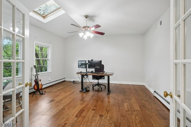 4 Knollwood Ln, Hardyston Twp, NJ 07460 - office space featuring french doors, baseboard heating, a skylight, wood finished floors, and lofted ceiling