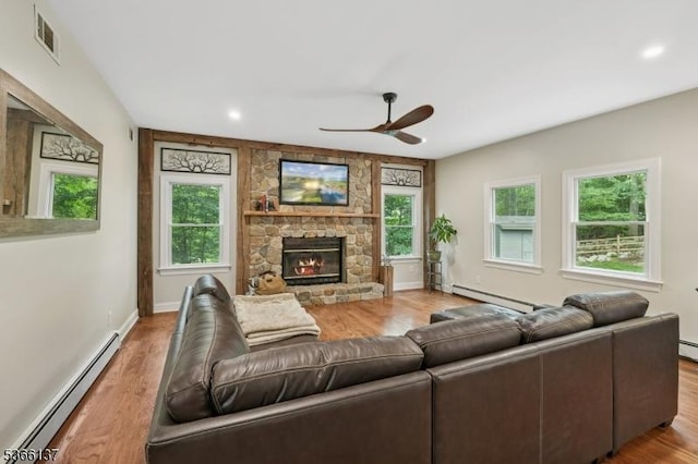4 Knollwood Ln, Hardyston Twp, NJ 07460 - living room featuring baseboard heating, ceiling fan, wood finished floors, and recessed lighting