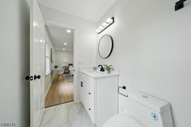 463 Garretson Rd, Bridgewater Twp, NJ 08807 - bathroom with vanity, marble finish flooring, and recessed lighting