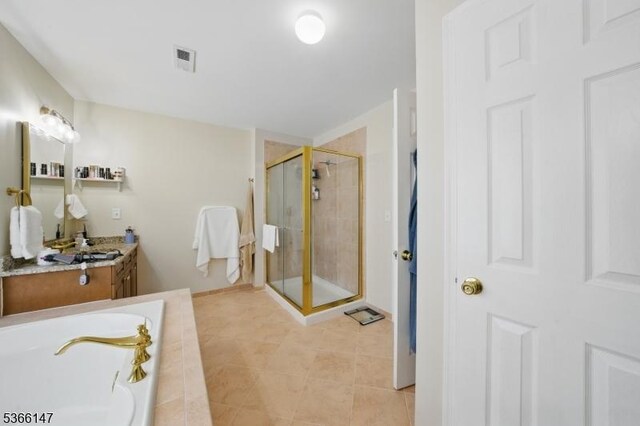 43 Saunders Ln, Mount Olive Twp, NJ 07840 - full bath with vanity, a shower stall, a bath, and tile patterned floors