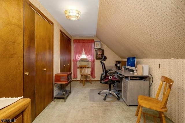 26 Mitchell St, Belleville Twp, NJ 07109 - carpeted home office featuring lofted ceiling, cooling unit, and wallpapered walls