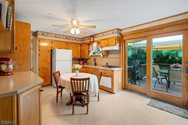 26 Mitchell St, Belleville Twp, NJ 07109 - kitchen featuring freestanding refrigerator, under cabinet range hood, a ceiling fan, light wood-style floors, and light countertops