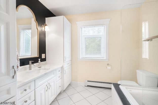 52 E Ave, Washington Twp, NJ 07840 - full bath featuring baseboard heating, vanity, tiled tub, and tile patterned floors