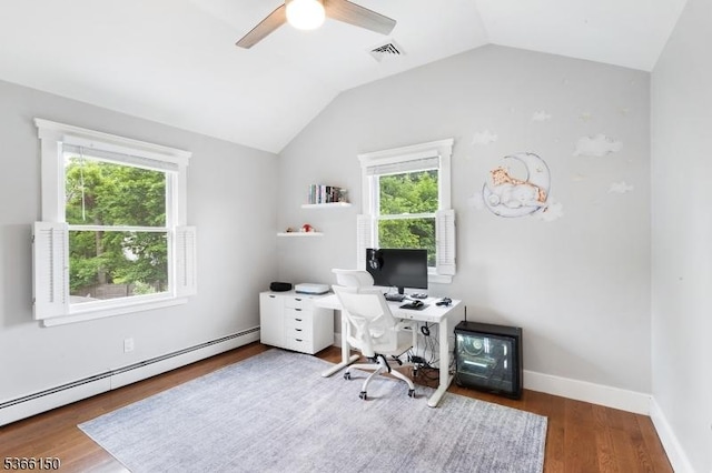 52 E Ave, Washington Twp, NJ 07840 - home office with baseboard heating, lofted ceiling, wood finished floors, and ceiling fan