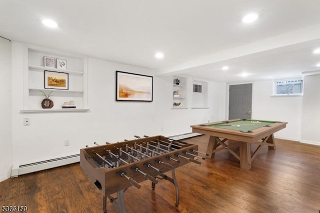 52 E Ave, Washington Twp, NJ 07840 - rec room featuring a baseboard heating unit, wood finished floors, recessed lighting, billiards, and built in features