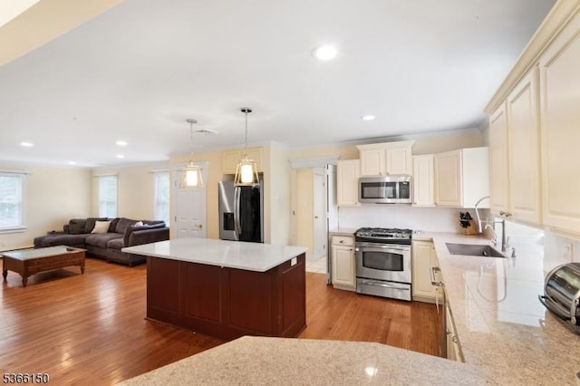 52 E Ave, Washington Twp, NJ 07840 - kitchen with stainless steel appliances, wood finished floors, decorative light fixtures, open floor plan, and recessed lighting