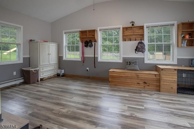 105 Rolling Acres Dr, Hampton Twp, NJ 07860 - interior space with lofted ceiling, baseboard heating, and wood finished floors
