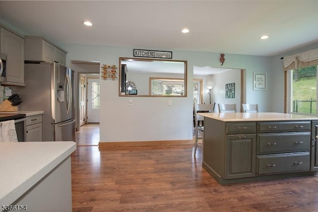 105 Rolling Acres Dr, Hampton Twp, NJ 07860 - kitchen featuring gray cabinets, light countertops, dark wood-type flooring, appliances with stainless steel finishes, and recessed lighting