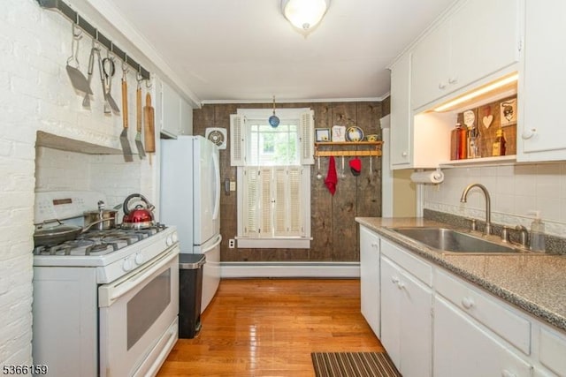 6 Mc Clintock Pl, Parsippany-Troy Hills Twp, NJ 07878 - kitchen featuring white appliances, decorative backsplash, open shelves, white cabinets, and baseboard heating
